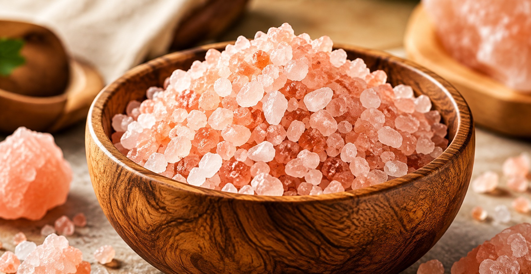 Pink salt crystals in a wooden bowl; illustrative product photograph