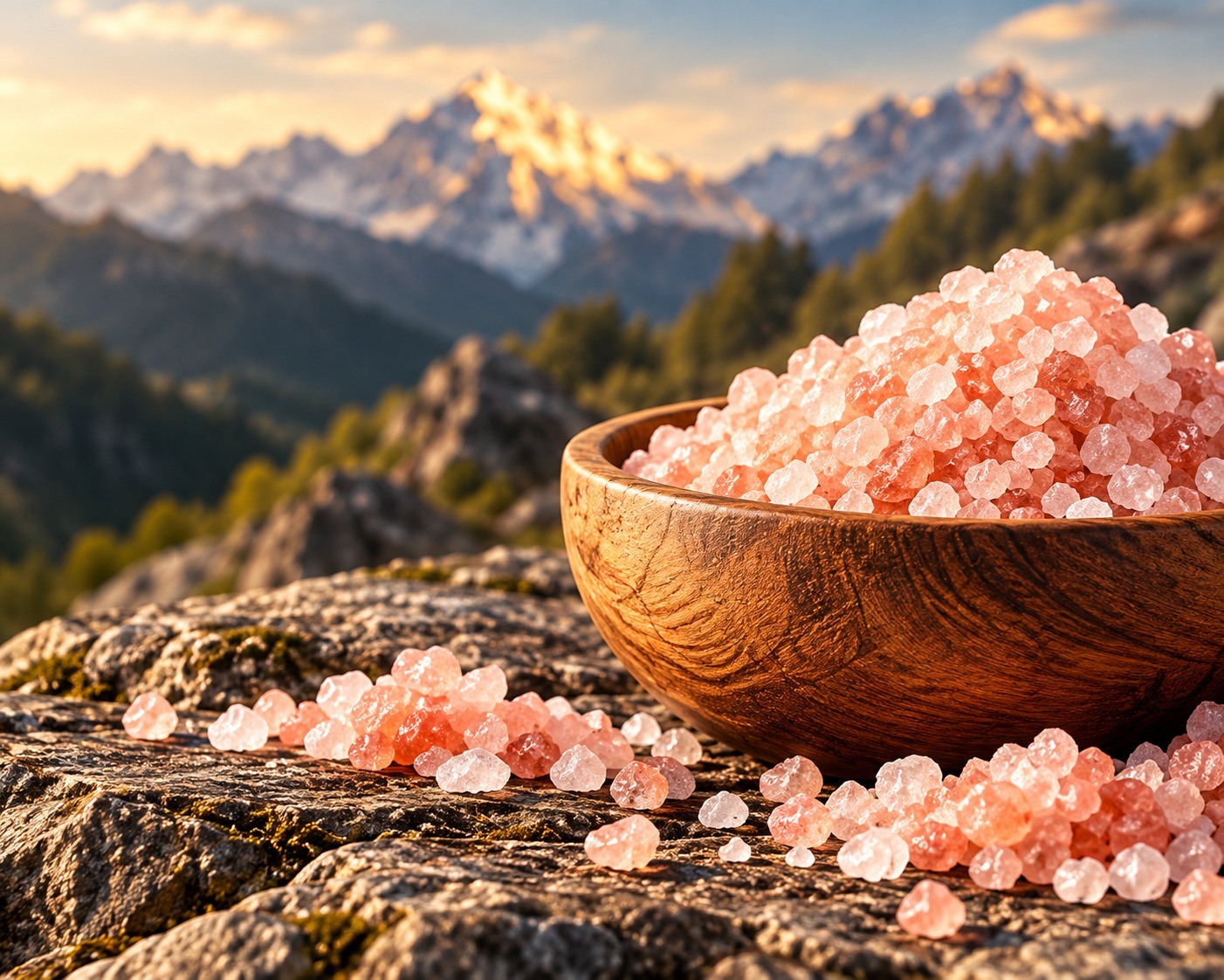 Close view of pink salt crystals; illustrative product photograph
